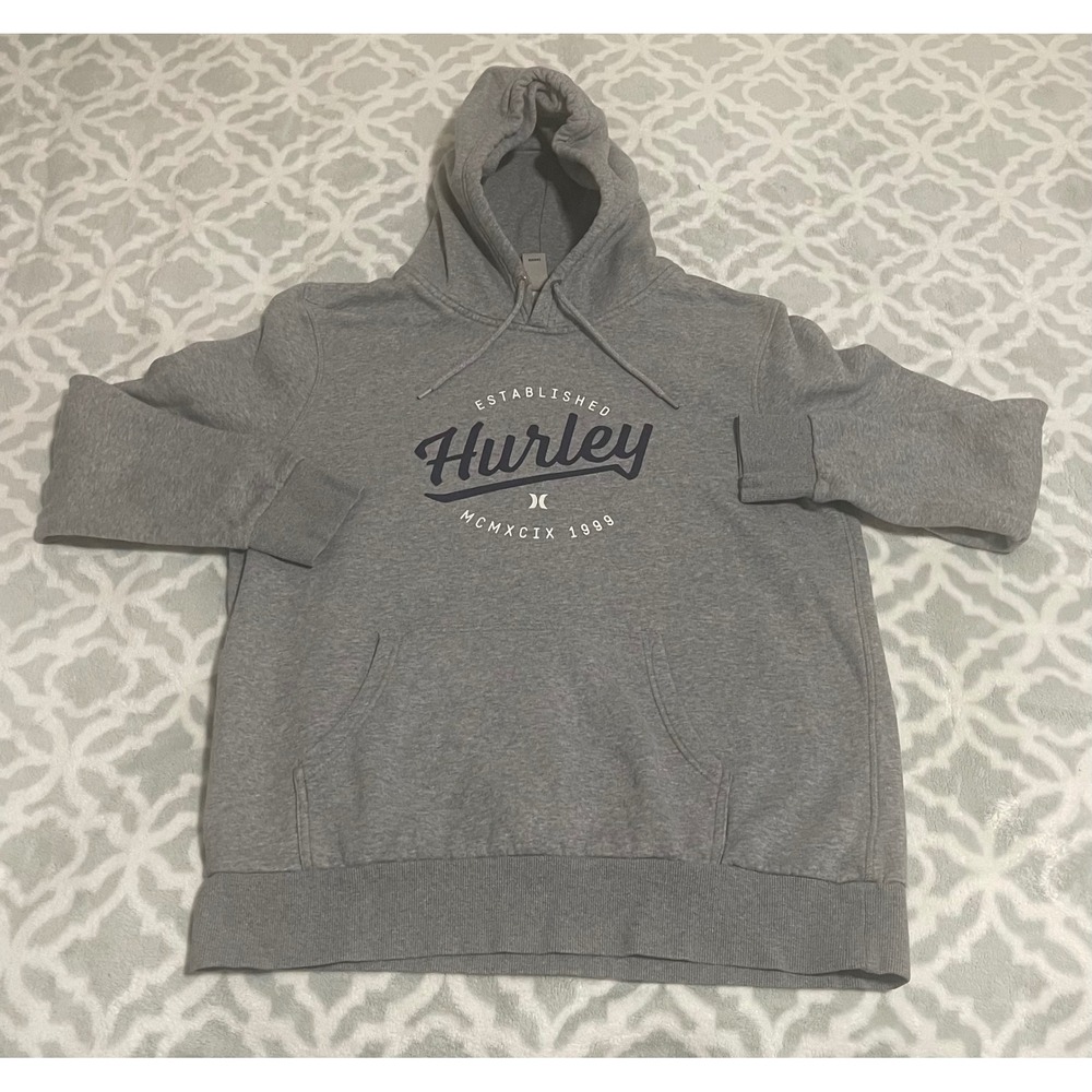 Hurley Mens Pullover Hoodie‎ Heather Grey Graphic Logo Sweatshirt Large L